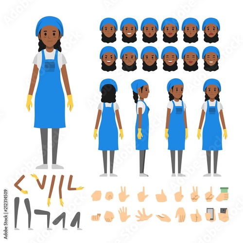 African cleaning service woman charcter set. Full length. Different view, emotion, gesture.
