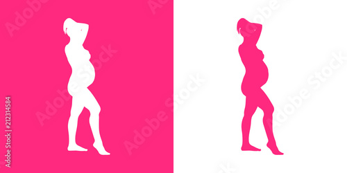 Icono plano silueta mujer desnuda embarazada de pie en rosa y blanco