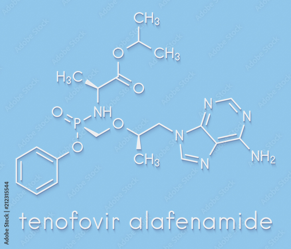 Tenofovir alafenamide antiviral drug molecule (prodrug of tenofovir). Skeletal formula. Tenofovir alafenamide antiviral drug molecule (prodrug of tenofovir). Skeletal formula.