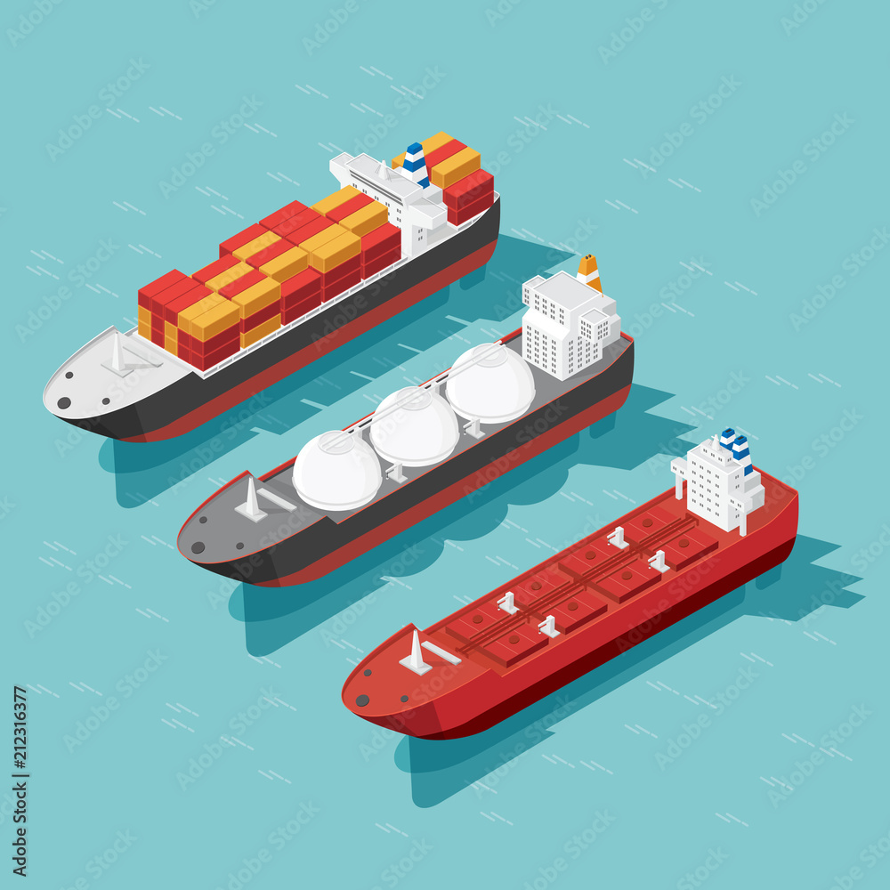 Obraz premium Isometric cargo ship container, oil tanker ship in the ocean transportation, shipping freight transportation. illustration vector