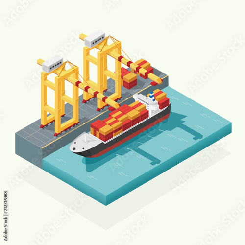 Isometric cargo logistics and transportation container ship with working crane import export transport industry in shipping yard. illustration vector