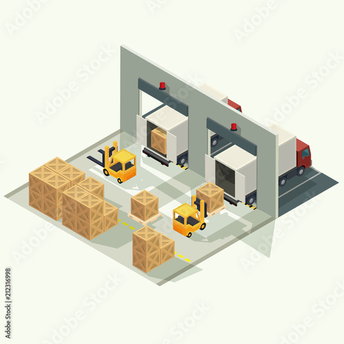 Cargo logistics truck and transportation container with forklift truck lifting cargo container in shipping yard. isometric illustration vector