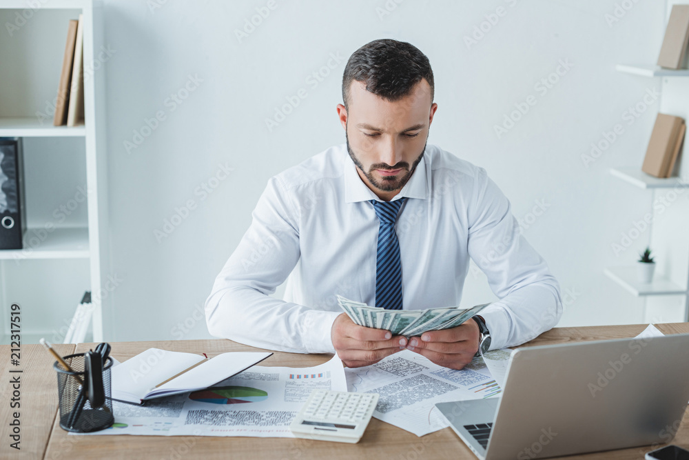 handsome business adviser counting money in office handsome business adviser counting money in office