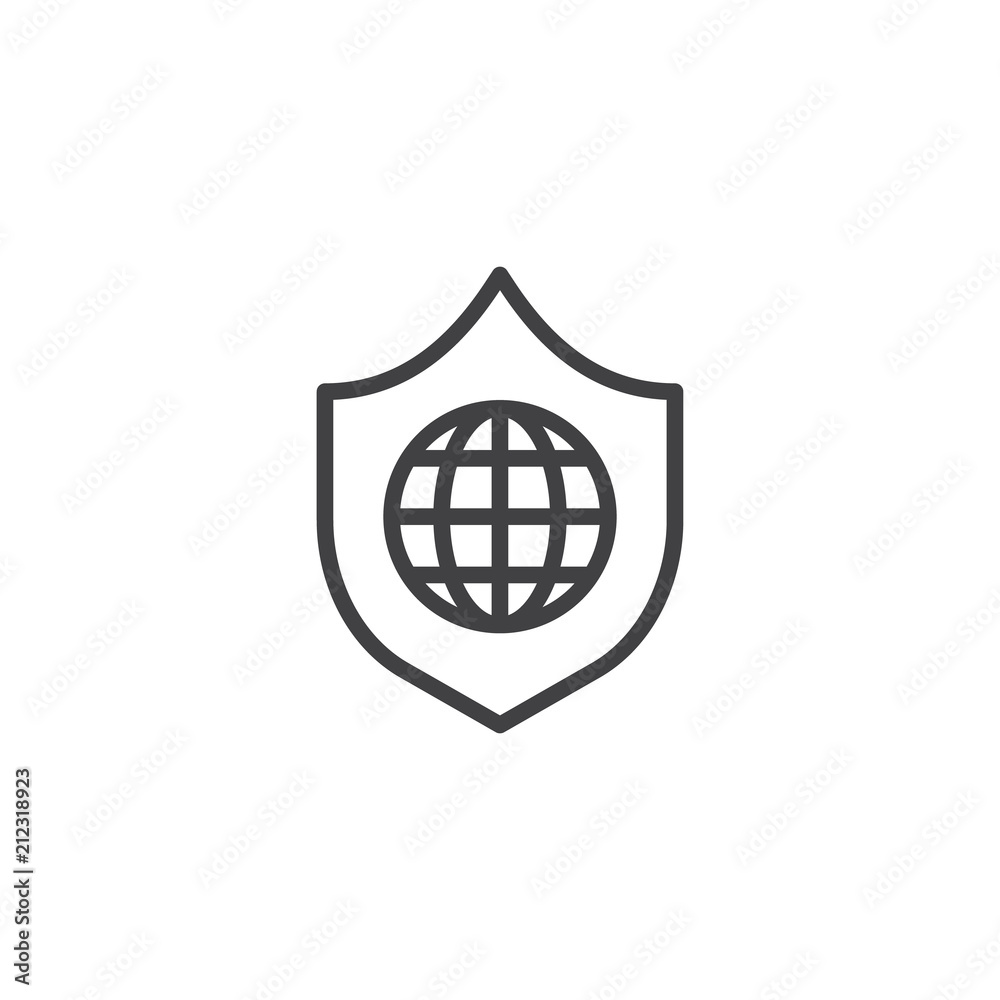 Globe shield outline icon. linear style sign for mobile concept and web design. World protection simple line vector icon. Symbol, logo illustration. Pixel perfect vector graphics