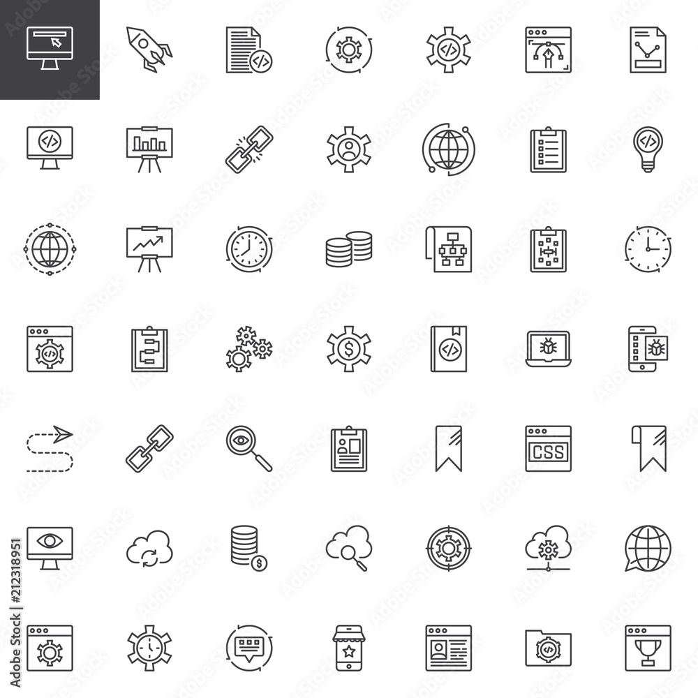 Web and seo outline icons set. linear style symbols collection, line signs pack. vector graphics. Set includes icons as Website, Speed, Coding, Settings, Configuration, Link, User, Database Bookmark