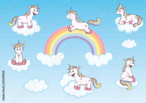 cute unicorns with rainbow and clouds in heaven collection 