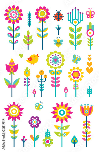 Flowers Set Bird and Butterfly Vector Illustration