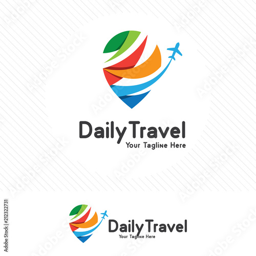 Travel and tour logo concept, airplane icon with pin map symbol.