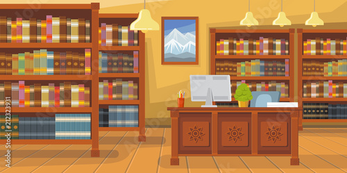 Modern library with bookshelf vector illustration. Librarians desk with desktop computer. Interior illustration