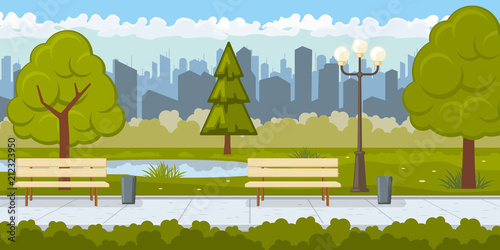 Public park with asphalt path vector illustration. City park with green trees and benches in row. Summer illustration