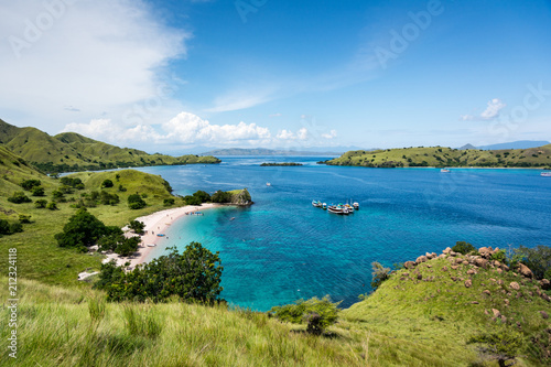 Top View of Pink Beach with Turquoise Clear Water in Komodo Island, Indonesia