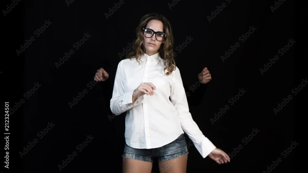 mysterious hands slowly undress a woman in secretary/office clothes