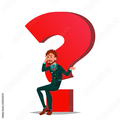Question Mark Businessman Vector. Task, HR Concept. Find New Job. Huge Red Question Mark. Isolated Cartoon Illustration
