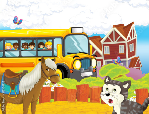 cartoon scene with kids on the farm having fun - in the school bus - illustration for children © honeyflavour
