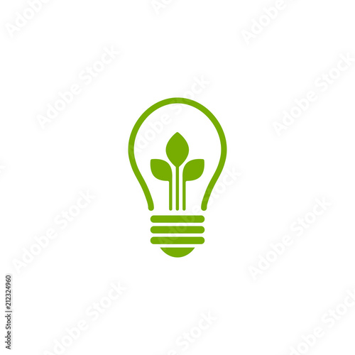 Green contour of electric light bulb with three green leaves. Isolated on white. Flat outline icon. Vector