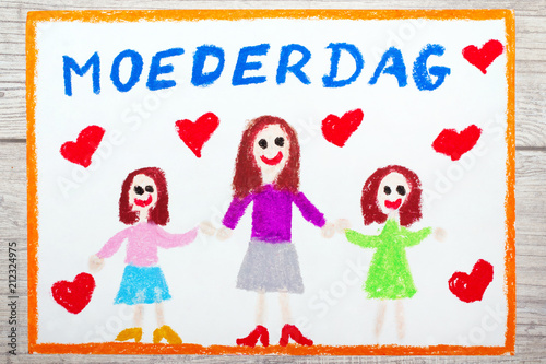 Colorful drawing -  Dutch Mother's Day card with word: Mother's day