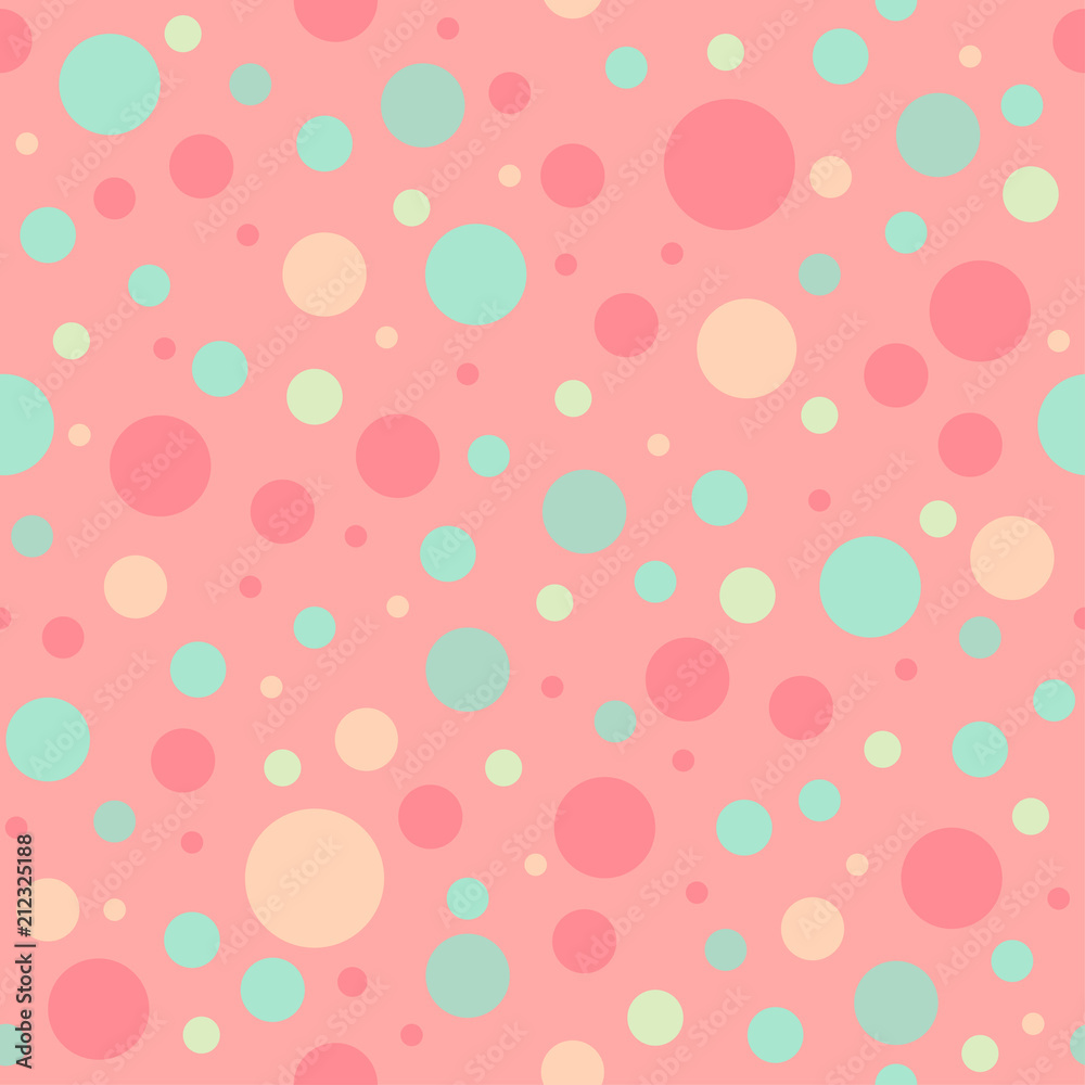 Seamless abstract pattern of circles of different warm bright colors. Kaleidoscope background.