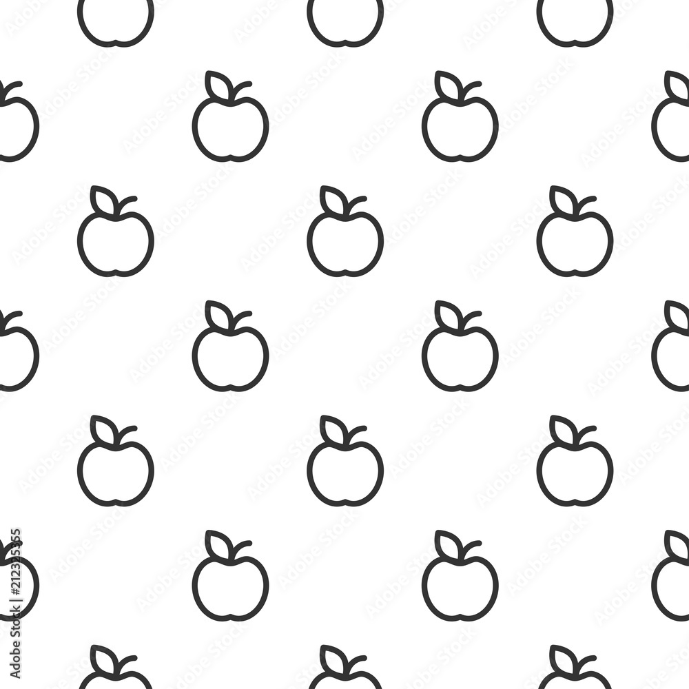 Seamless texture with black apple outline. Flat ornament on white background.