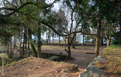 Flat clearing atop stone walls at site of former Takatori Castle in Nara, Japan