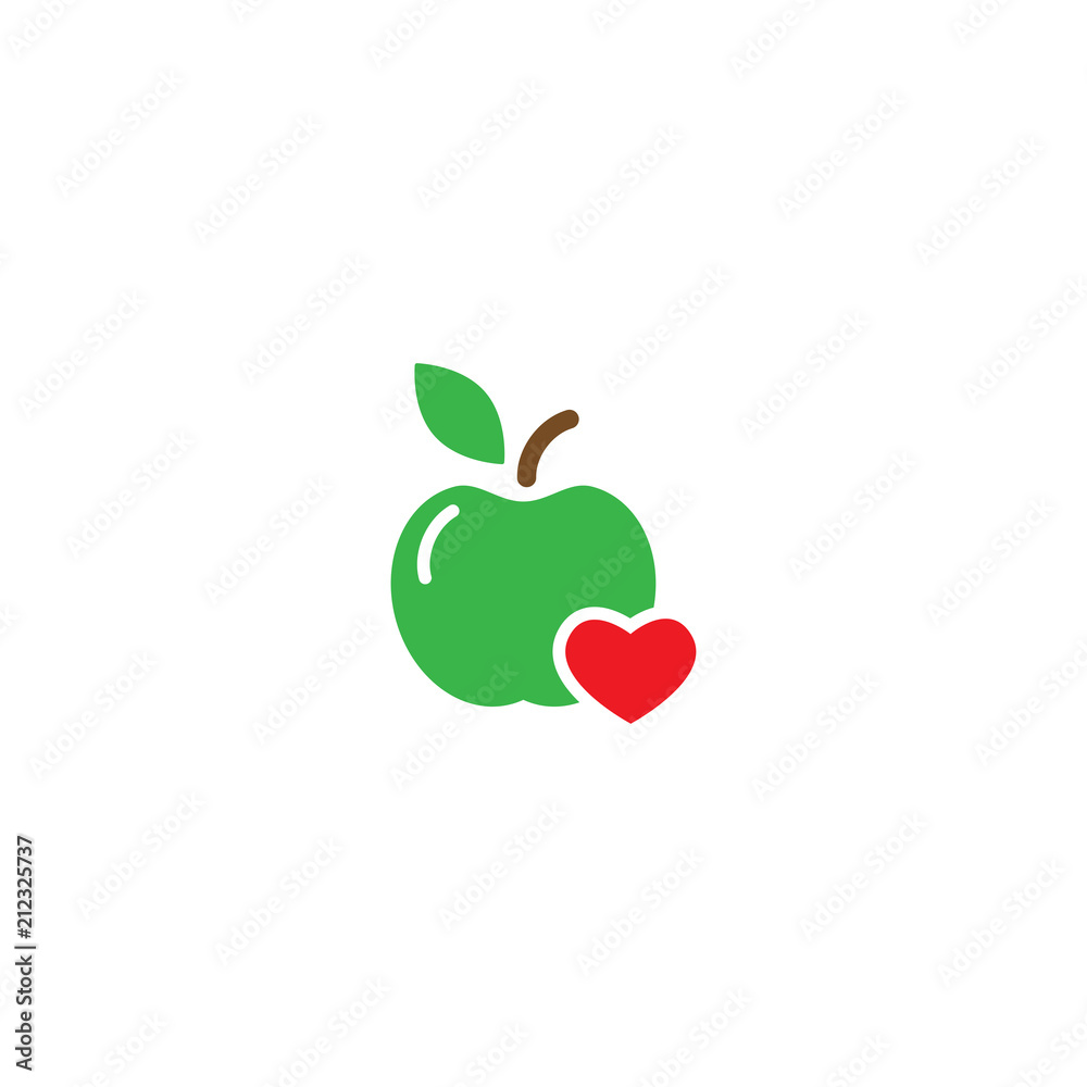 Fototapeta premium Green apple with red heart icon. Flat pictogram isolated on white. Vector illustration. Healthy food logo.