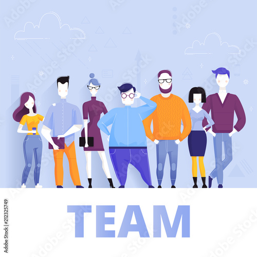 Concept of successful business team standing together. Vector cartoon illustration.
