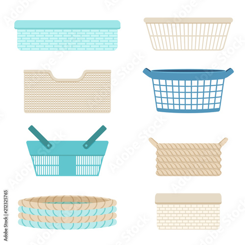 Plastic containers, empty baskets for storing laundry and various things. Vector illustration