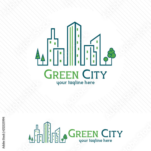 Green city building logo, residential, apartment and city landscape vector.