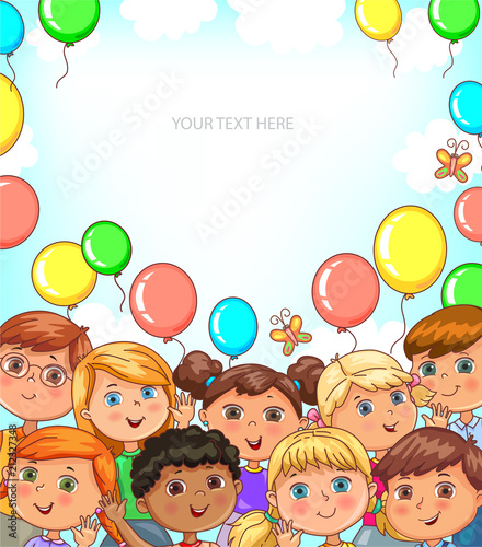 Children portraits and balloons banner with place for your text