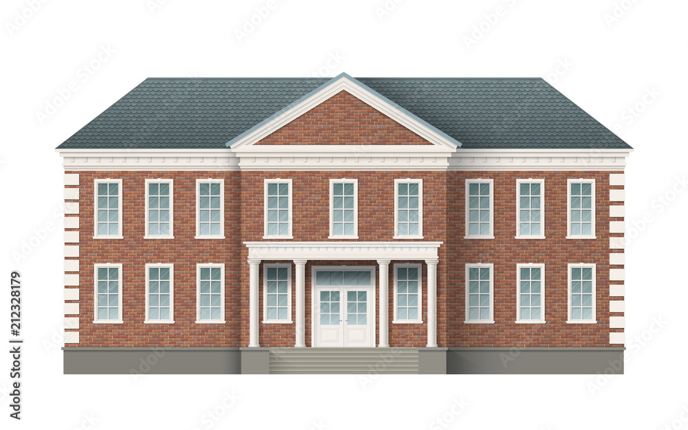 Front view of brick administrative governmental building with grey roof. Traditional classic architecture of building with beautiful entrance and columns. Front view of brick administrative governmental building with grey roof. Traditional classic architecture of building with beautiful entrance and columns.