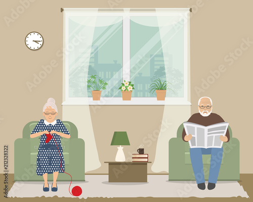 Old lady and old man are sitting in armchairs on a window background. Grandmother is knits socks, grandfather is reading the newspaper. There are also flowers on the windowsill in the room. Vector