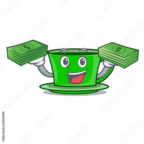 With money bag green tea mascot cartoon
