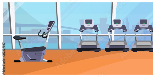 Cardio area vector illustration. Gym, treadmill, exercise bike, panoramic window. Sport concept. Can be used for topics like fitness, workout equipment, active lifestyle