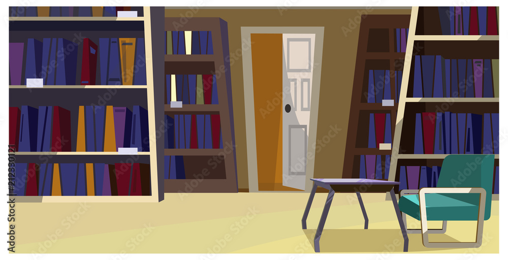 Home library with bookcases vector illustration. Modern room with comfortable chair and glassy table. Apartment illustration