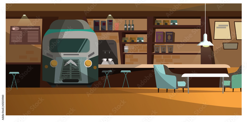 Loft cafe with unique design vector illustration. Train front view in wall with bar shelves. Comfortable chairs at coffee table. Pub interior illustration