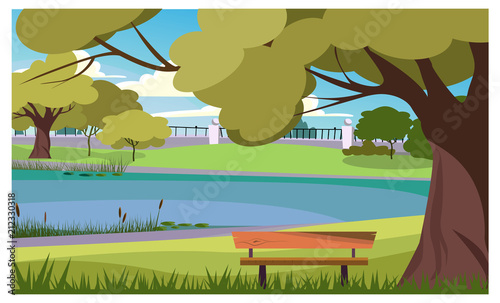 Tranquil park with wooden bench at lake vector illustration. Rustic scape with large tree. Outdoors illustration