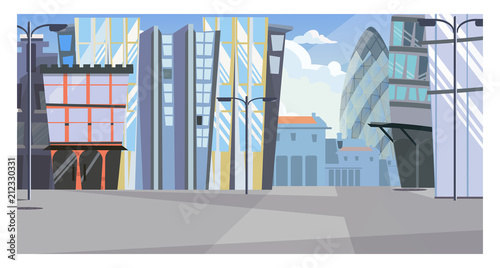 Urban cityscape with tall buildings vector illustration. Modern city street with office buildings and street lights. Exterior illustration