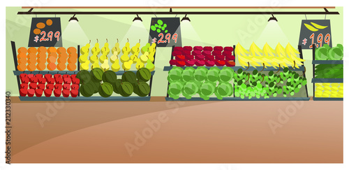 Vegetables and fruit in supermarket vector illustration. Stand, food, interior. Retail concept. Can be used for topics like veganism, healthy eating, shopping