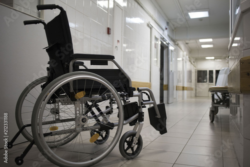 Wheel chair at corridor of hospital. photo