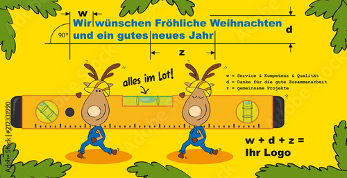 Rentiere im Blaumann und mit Helm laufen mit Wasserwaage - cartoon-IT