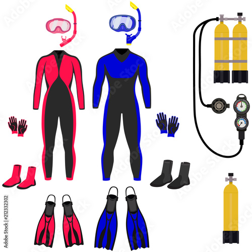 Collection for scuba diving. Scuba mask, snorkel, fins, flippers, boots, gloves, wetsuit, tanks, regulator, diving console. Abstract concept, red and blue color, set of icons. Vector illustration.