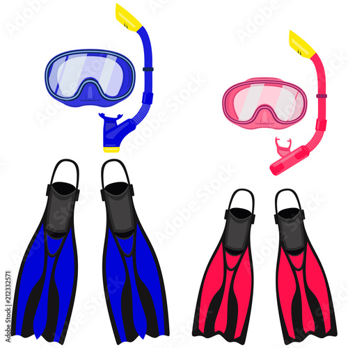 Collection for scuba diving or snorkeling. Scuba mask, snorkel, fins. Abstract concept, red and blue color, set of icons. Vector illustration on white background.