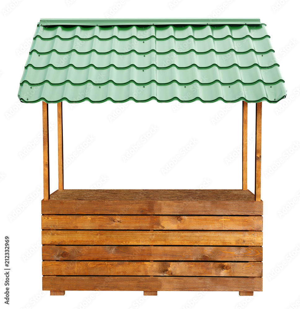 Wooden market stand stall with green metal awning Wooden market stand stall with green metal awning