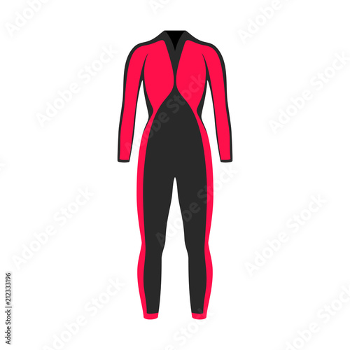 Wetsuit for scuba diving. Abstract concept for woman, red color, icon. Vector illustration on white background.