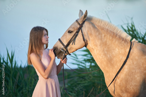girl in a beautiful long dress with a horse