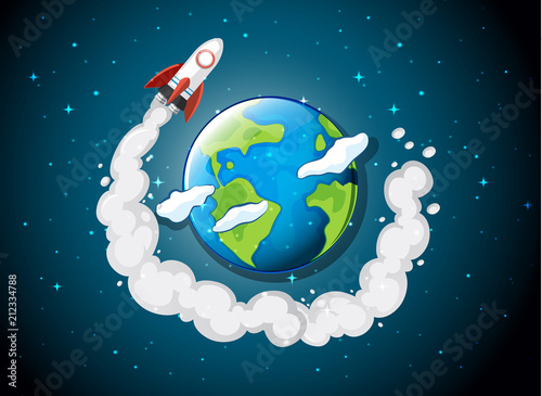 rocket ship flying around earth