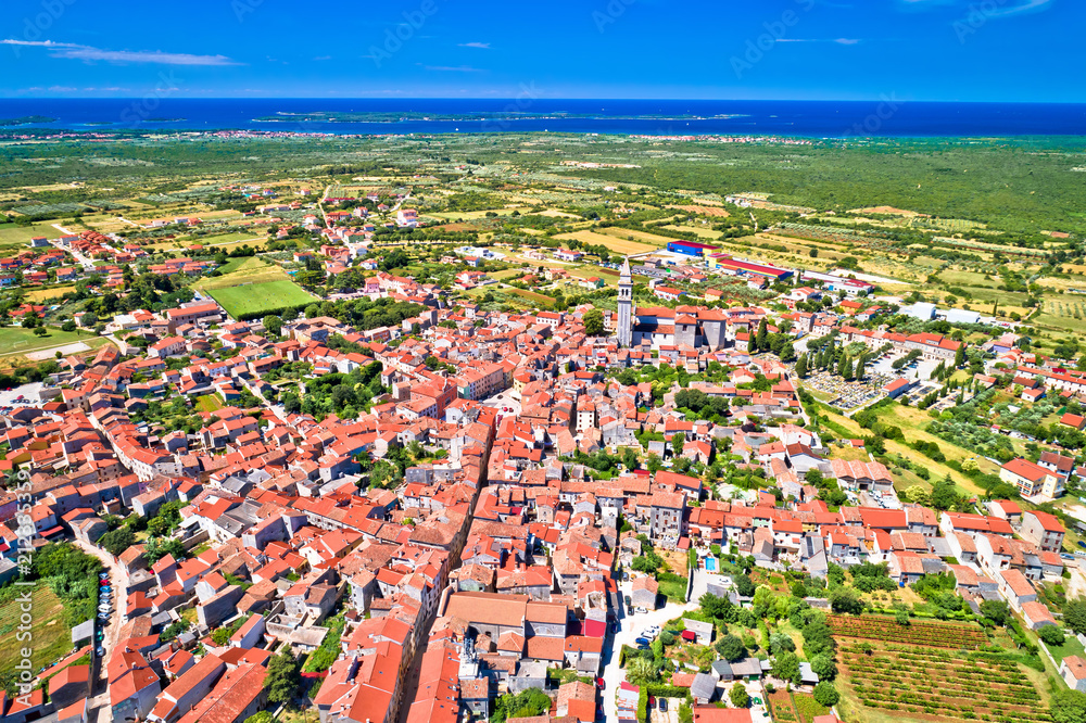 Town of Vodnjan and Brijuni archipelago aerial view