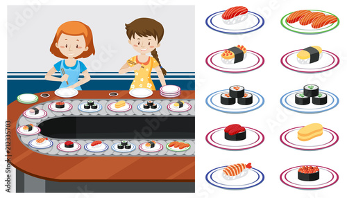 Two ladys at a Sushi train
