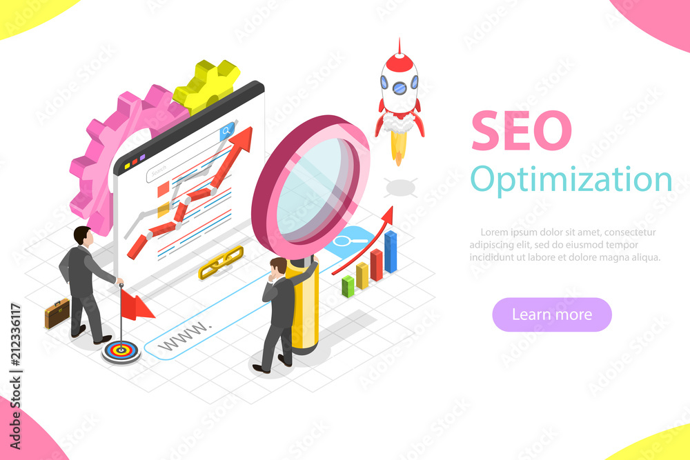 Flat isometric vector concept of search engine ranking, web analytics, SEO, website optimization marketing.