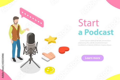 Podcasting flat isometric vector concept. A blogger is standing near the big microphone and recording a podcast.