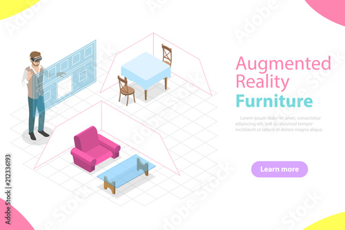 Flat isometric vector concept of augmented reality, virtual furniture.